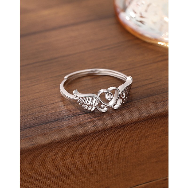TEMU transfronterizo nuevo anillo de ala de ángel de plata esterlina 925 con forma de corazón abierto para mujeres anillo ajustable joyas retro