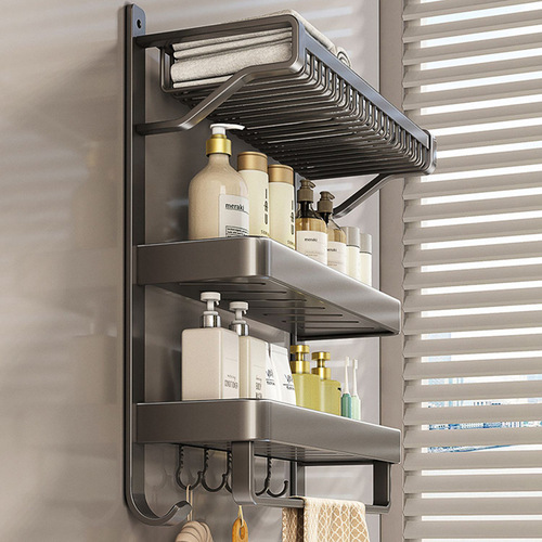 Integrated No-Drill Bathroom Shelf Set, Wall-Mounted Towel Rack and Storage Unit, Space Aluminum, for Toilet and Bathroom