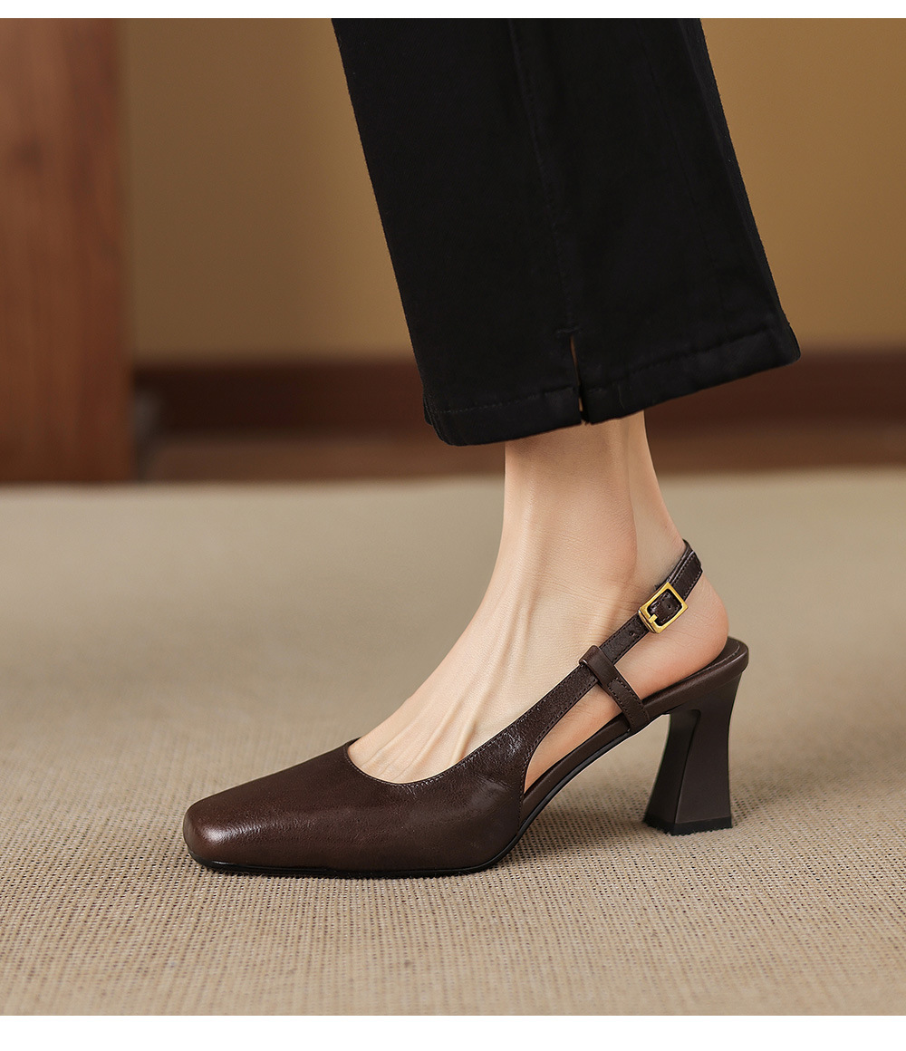 Sandal nữ cao gót 6,5 cm mũi hở quai khóa da bò — màu nâu chi tiết 10