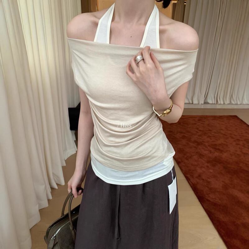 Hers Sweet Summer Korean Style Simple and Elegant Faux Two-Piece Color-Block Off-Shoulder Halter Top for Women 80470