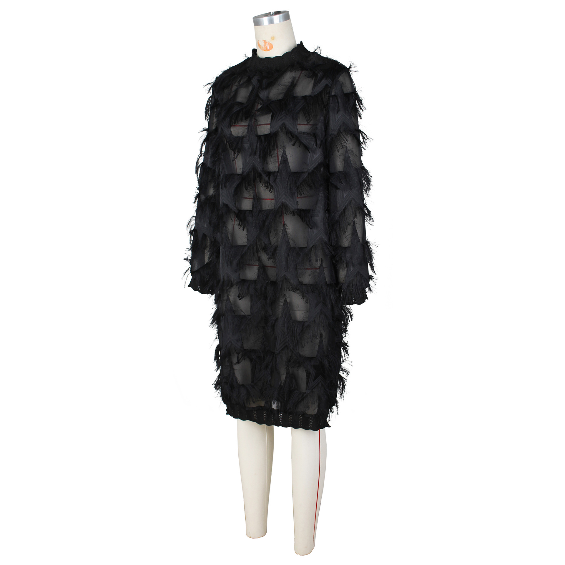 Spring Summer Chiffon Tassel Thread Lace Stand Collar Mid Length Loose Dress