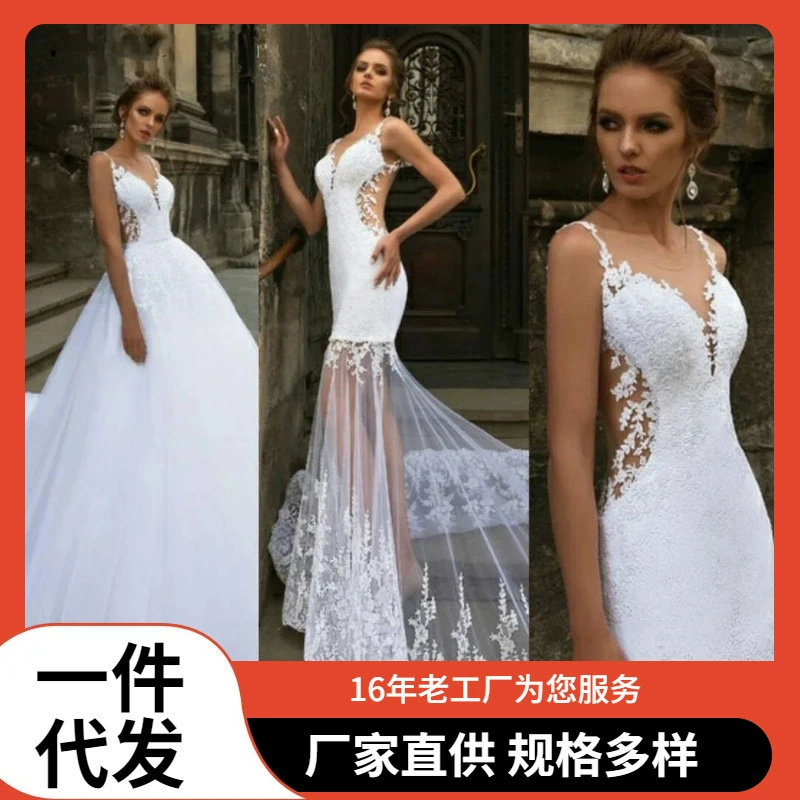 2025 внешнеторговое трансграничное 3-слойное прозрачное длинное кружевное свадебное платье с аппликацией, V-образным вырезом и без рукавов для женщин