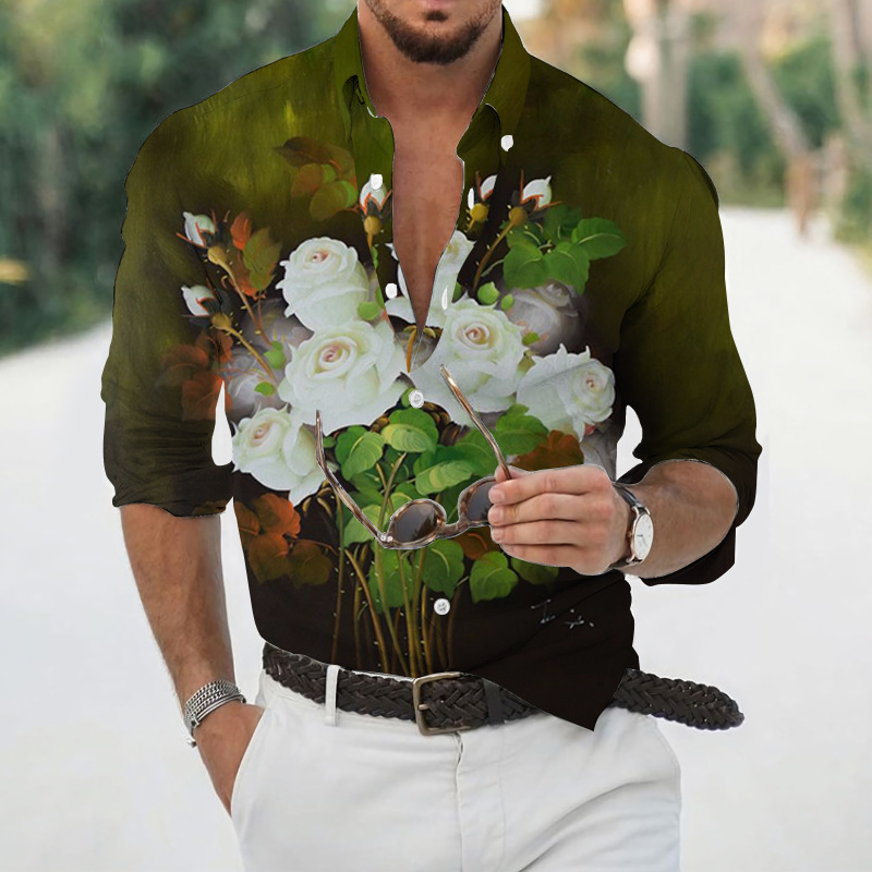 Transfronterizo 2025 primavera y otoño nuevo estilo de los hombres europeos y americanos más el tamaño de la camisa con estampado de plantas de rosas de manga larga