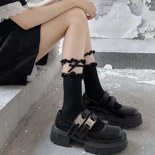 Little Red Book's same style black lace socks for girls, bow mid-calf socks, thin style, small leather shoes, jk socks, Lolita