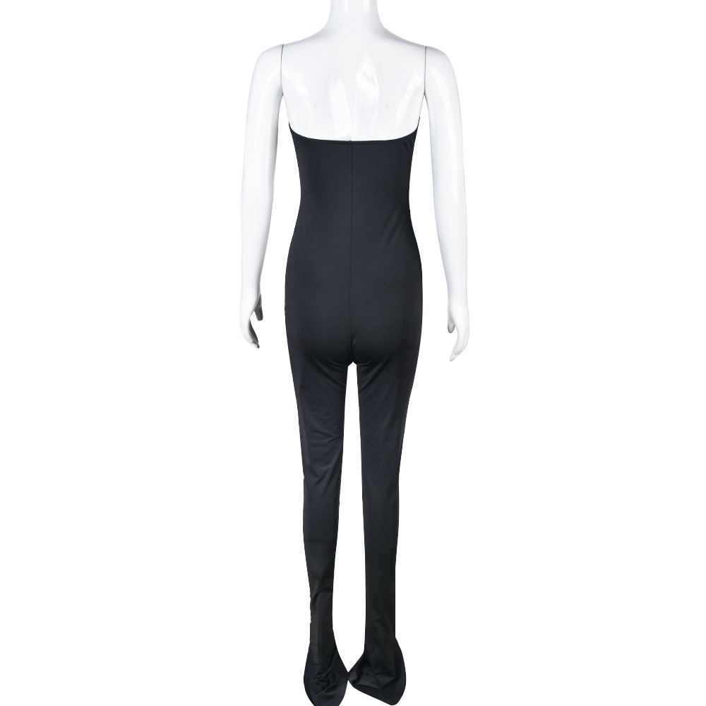 Women Clothing off Neck Stitching High Elastic Slit Slim Fitting Jumpsuit