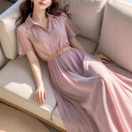 2026夏季新款今年流行的温柔大方高级感紫色雪纺连衣裙子女装长裙