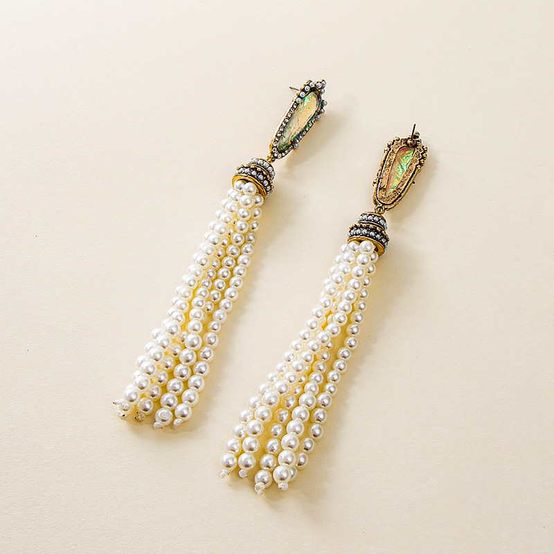 European And American Pearl Tassels Diamond Long Symmetrical Earrings display picture 7