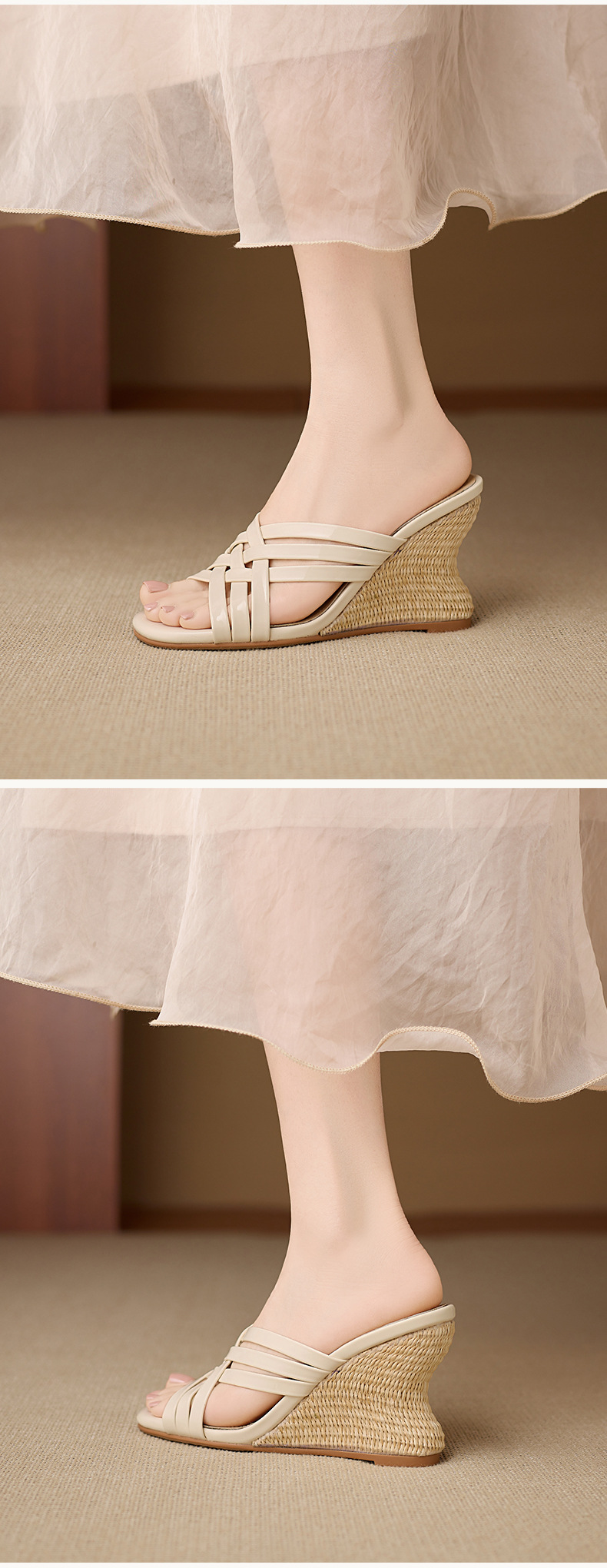Dép sandal nữ quai chữ V mũi vuông hở ngón đế xuồng cao gót 5 cm — Rượu vang đỏ, màu trắng ngà chi tiết 5