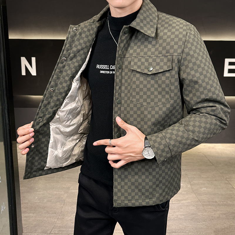 New Winter down Jacket for Men, Autumn Thickened Lapel Jacket, Short Trendy Brand Stylish Plaid Duck down Coat