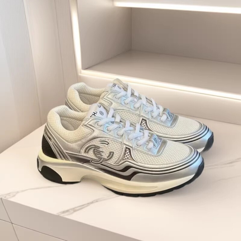 Putian Original Cross-Border Chanel-Style 24C Silver-Edged Couple's Leather Mesh Breathable Casual Sneakers