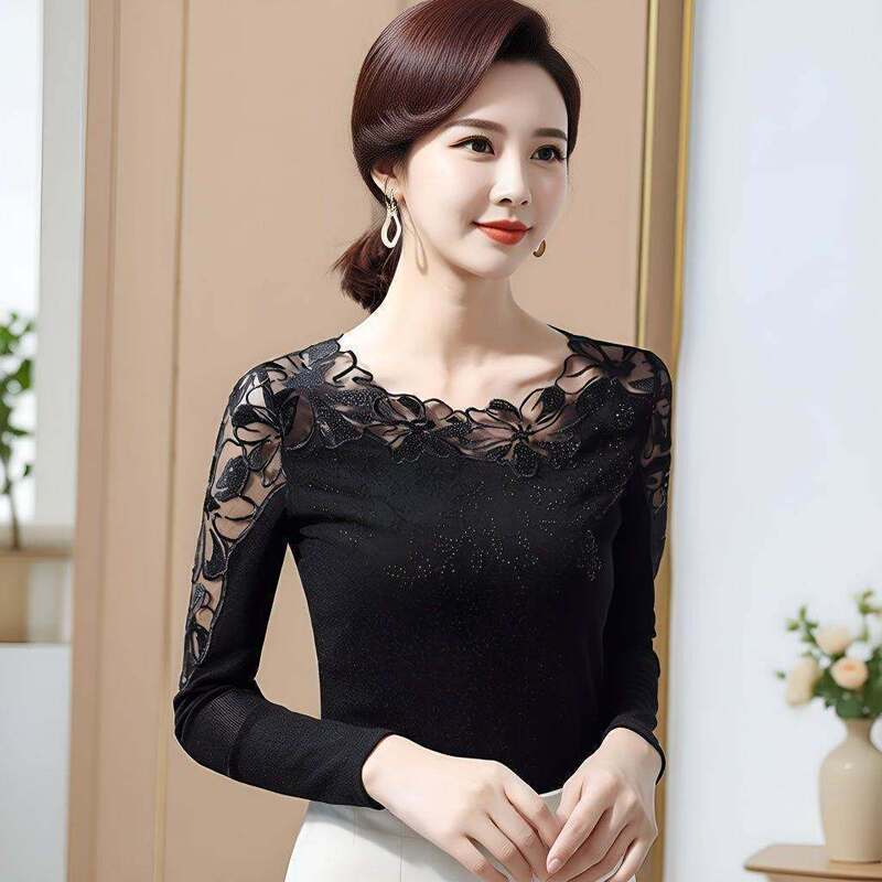 Spring and Summer Plus-Size Lace Blouse for Women, Long-Sleeved Outerwear with Stylish Hollow-Out Design, Mesh Base Layer Shirt, Trendy Top Spring and Summer Plus-Size Lace Blouse for Women, Long-Sleeved Outerwear with Stylish Hollow-Out Design, Mesh Base Layer Shirt, Trendy Top