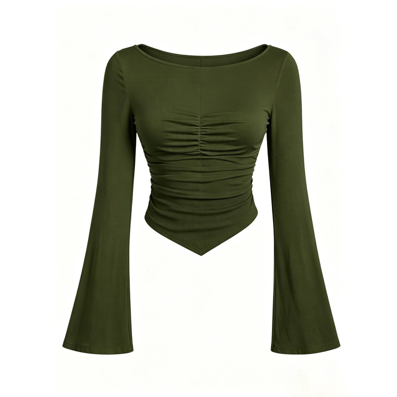 European and American Style Spicy Girl Solid Color Boat Neck Flared Sleeve T-Shirt for Women, 2026 Autumn Slim Fit Ruched Slimming Long Sleeve Top European and American Style Spicy Girl Solid Color Boat Neck Flared Sleeve T-Shirt for Women, 2026 Autumn Slim Fit Ruched Slimming Long Sleeve Top