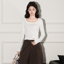 季优U领纯棉正肩长袖打底小衫t恤女基础款修身秋冬大领口内搭上衣