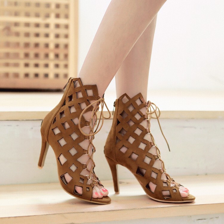 New lace-up peep toe shoes hollow hole shoes Short-top sandals thin high heels 33-43 foreign trade shoes