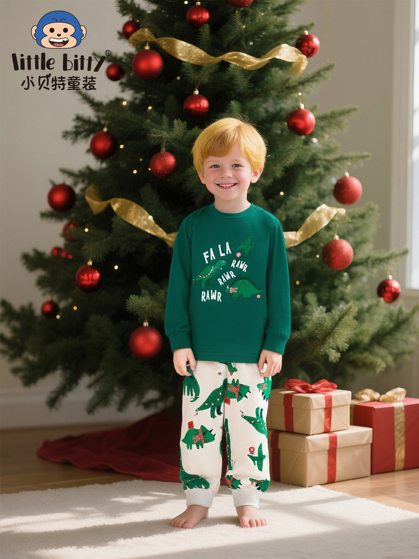 Cross-Border Autumn and Winter Children's Clothing Christmas Long-Sleeved Pants Suit Cartoon Dinosaur Print Home Clothes Two-Piece Pajamas