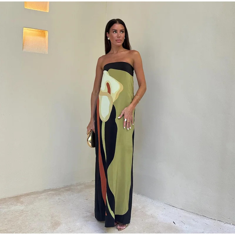 140g Weight Maxi Long Dress Dress Length Type Wholesale Women's Streetwear Contrast Binding Geometric Holiday Daily Beach Strapless Sleeveless Sheath Dress