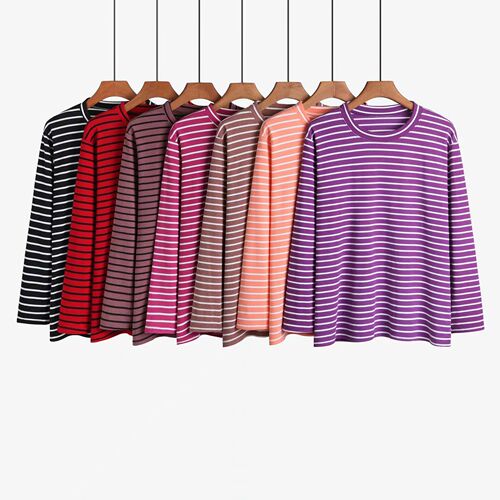 Women's Autumn Top, Fleece-lined Striped Long-sleeved Brushed Loose Plus-size Floor-length Comfortable Mom Base Shirt for Autumn