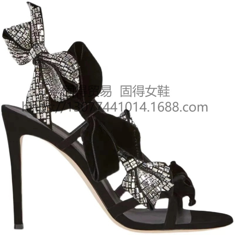 Cross-border independent station ins fashion catwalk stiletto bow rhinestones Summer women's shoes sandals Summer