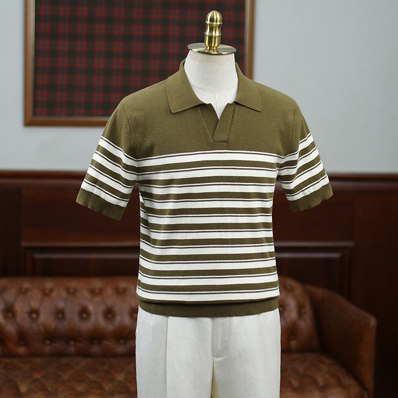 Polo camiseta de punto camiseta de manga corta hombre V-collar gaviota rayas viejas camiseta de hielo de viento de verano fábrica transfronteriza al por mayor