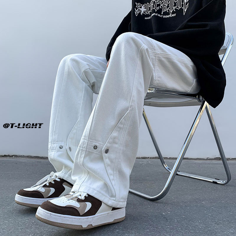 微喇牛仔裤男夏季设计感小众大码美式高街裤子潮牌潮流直筒拖地裤