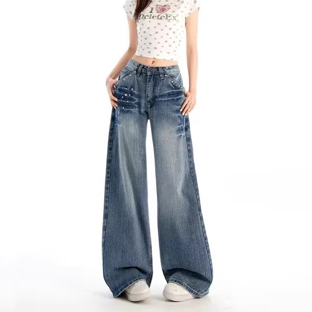 American Retro Rivet High-Waisted Wide-Leg Jeans for Women, Autumn and Winter New Niche Design, Relaxed Loose Straight Pants