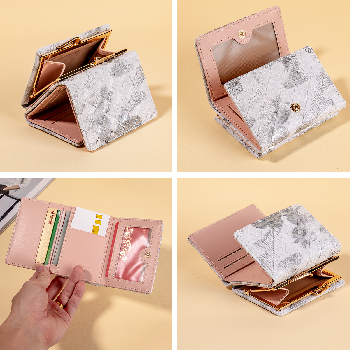 Nuevo estilo chino de billetera pequeña mujer corta de tres plegables encantadora impresión de dibujos animados estudiantes de tres plegables cartera de cambio de tarjetas