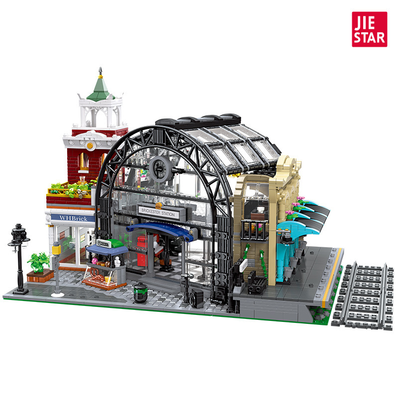 Jiexing 89154 Simulación de la estación de intersección de trenes Retro Street View Building Building Block MOC Light Toys Transfronterizo