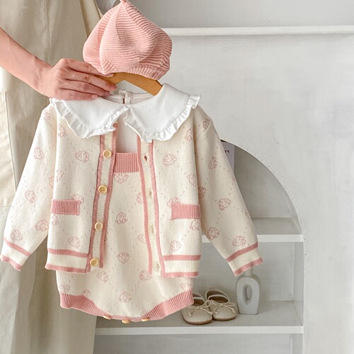  Autumn Clothes for Infants and Girls Cute Bear Head Jacquard Knitted Jacket + Strap Harness 2-piece Set