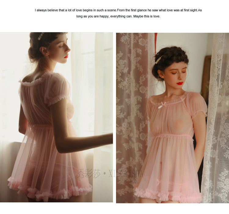 Sheer Mesh Babydoll Nightdress with Matching Panty, Pink One Size — detail image 37