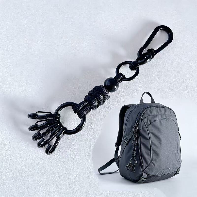 Workwear-style outdoor hiking backpack with multiple universal multi-functional hooks, woven keychain, anti-loss portable accessory