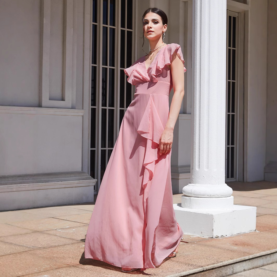 Otoño e invierno europeo y americano Comercio exterior transfronterizo nueva ropa de mujer deseo Amazon color sólido vestido delgado vestido de dama de honor