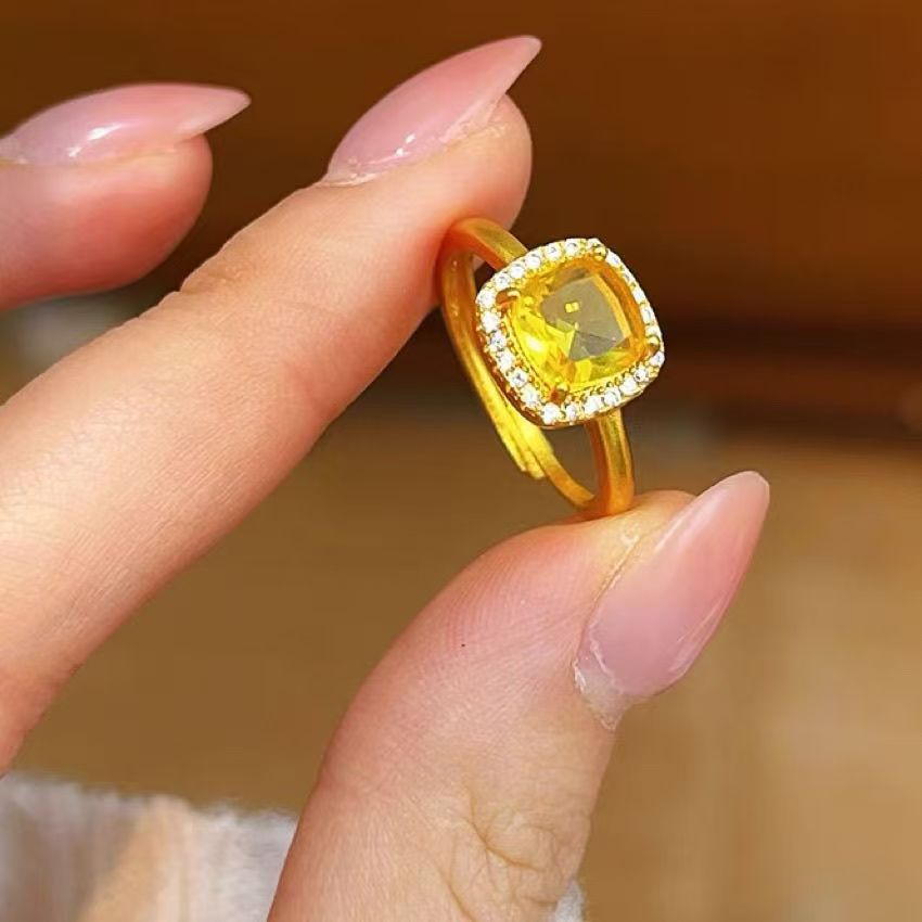 越南正品方糖黄水晶宝石戒指女款沙金小众设计开口调节高级感气质