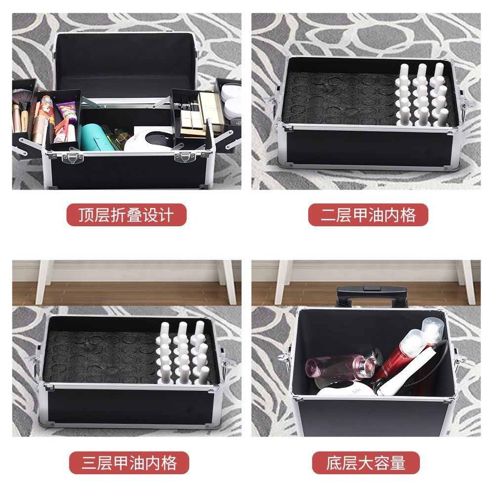 Caja de maquillaje profesional de varilla de tracción, caja de almacenamiento de alta capacidad, caja de herramientas de bordado multicapa conveniente, aleación de aluminio
