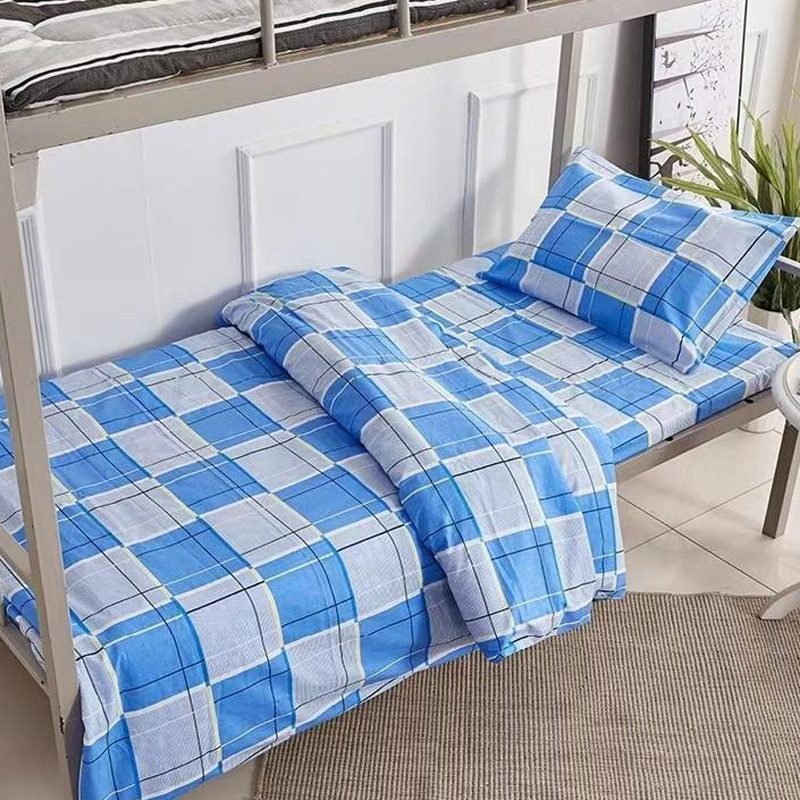 Sala ropa de cama de hospital personalizada Hogar de Ancianos dormitorio de estudiantes hoja de cama edredón cubierta azul y blanco puro algodón a rayas conjunto de tres piezas