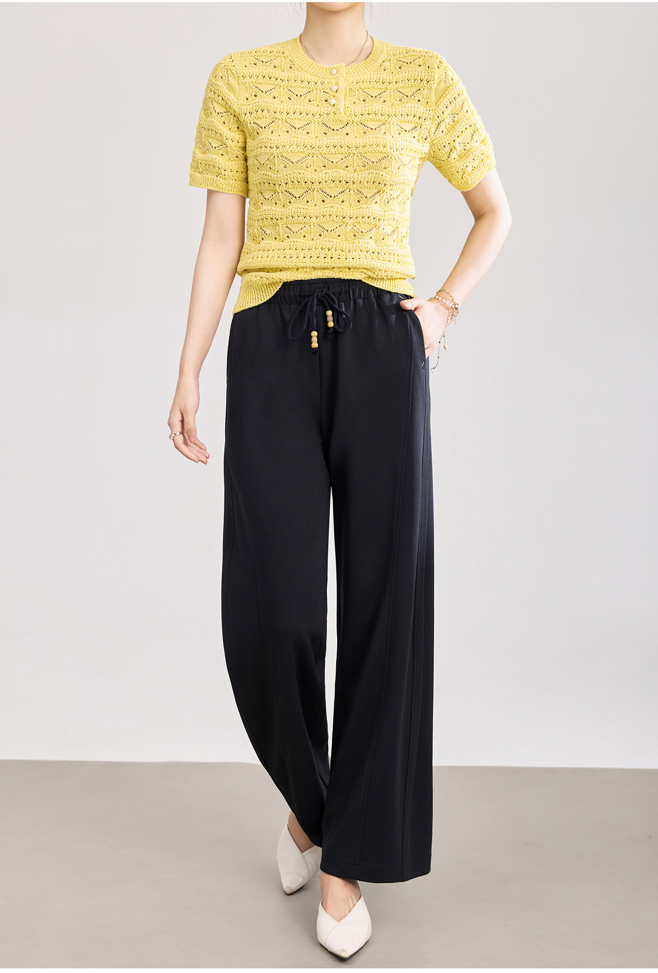 Quần culottes nữ ống rộng cạp thun dây rút vải mềm rủ — màu sắc chi tiết 2