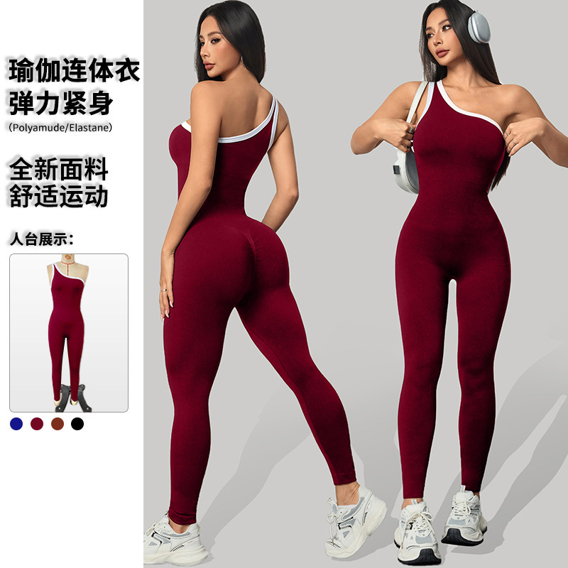 European and American Style One-Piece Yoga Outfit for Women, Color-Blocking, One-Shoulder Sports Jumpsuit, Waist-Cinching, Tummy-Flattening, Butt-Lifting Fitness Jumpsuit