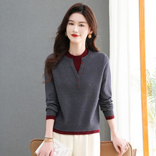 品牌羊毛针织衫秋冬女装奢华圆领撞色宽松显瘦毛衣时尚亲肤打底衫