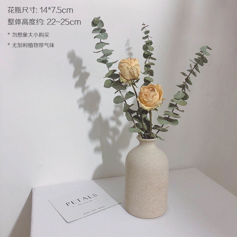 インシンプルな粗いセラミックドライフラワー花瓶装飾品忘れな草ユーカリの葉ローズフラワーアレンジメント北欧家の装飾|undefined