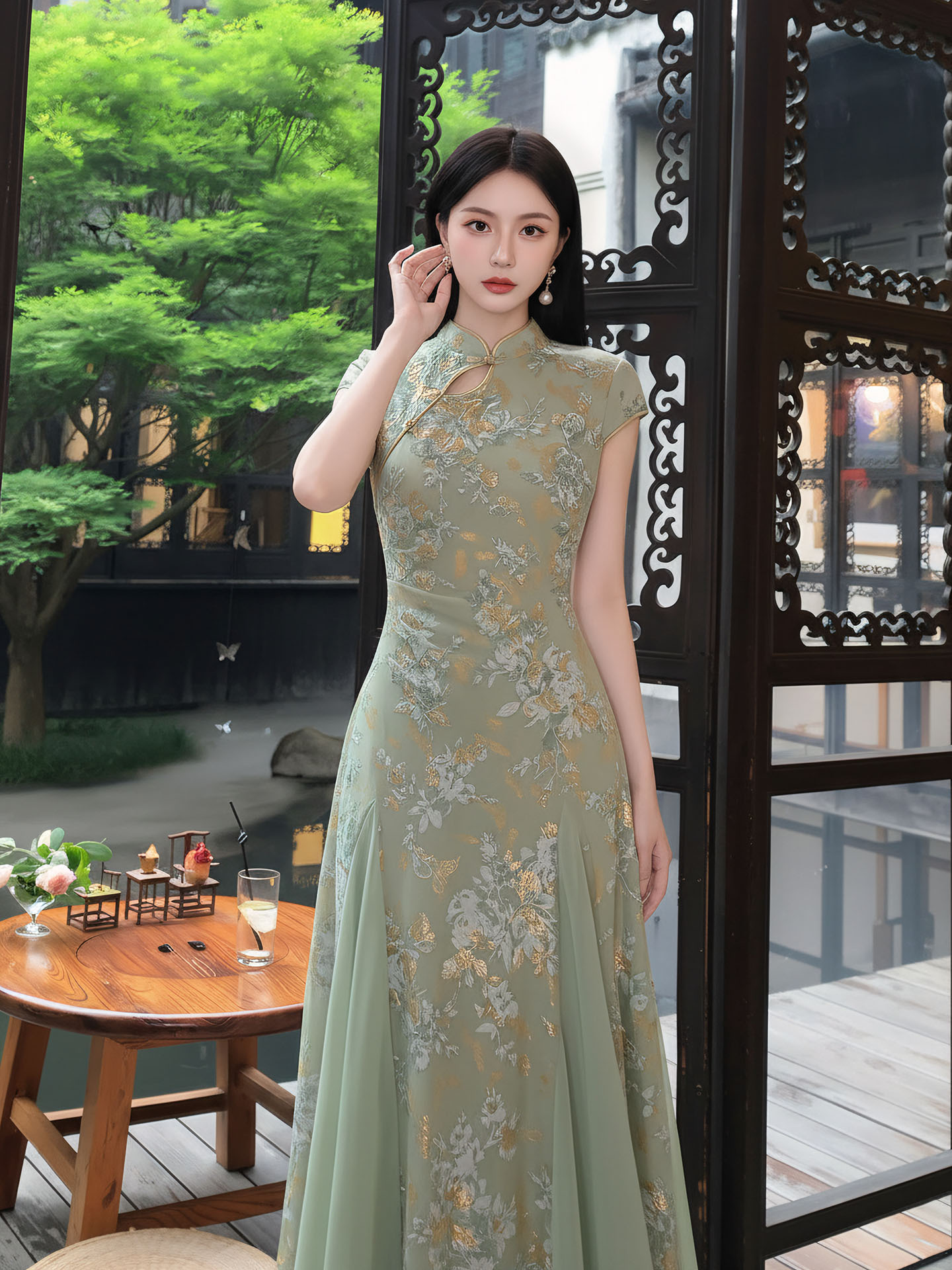 Đầm maxi nữ cổ đứng ren hoa thêu tay dài — Xanh lá cây nhạtcolor