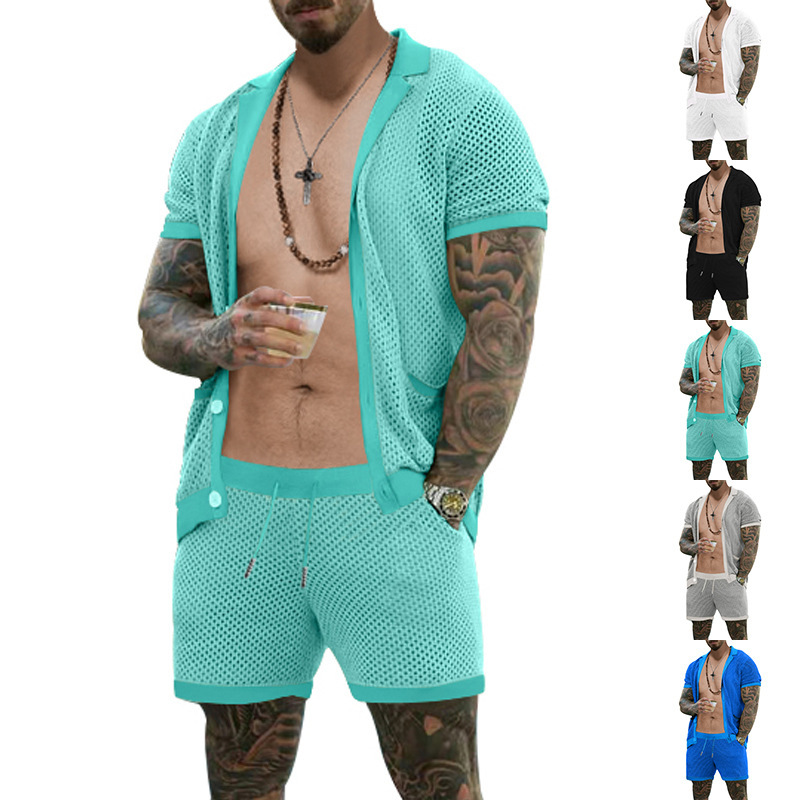 Independent Station Amazon Hot Men's Hollow Perspective Ice Cool Casual Thin Outer Wear Men's Short Sleeve Shorts Set