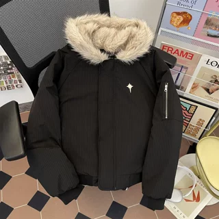 厂家直销潮流简约国潮毛领连帽男冬季新款棉服cleanfit短宽棉衣潮