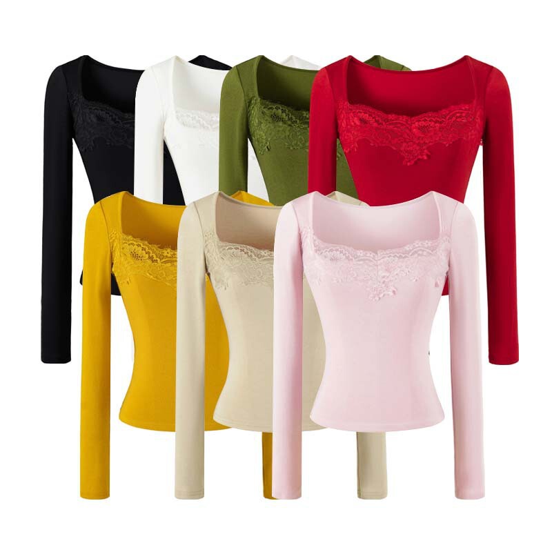 Korean-style women's lace-trimmed square-neck long-sleeve T-shirt, a new autumn collection, designed to be a slim-fit and figure-flattering base layer Korean-style women's lace-trimmed square-neck long-sleeve T-shirt, a new autumn collection, designed to be a slim-fit and figure-flattering base layer