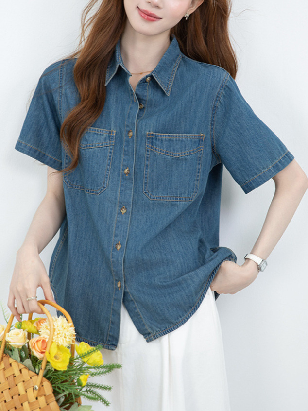 Áo sơ mi denim nữ tay dài phong cách retro rộng rãi — xanh lam