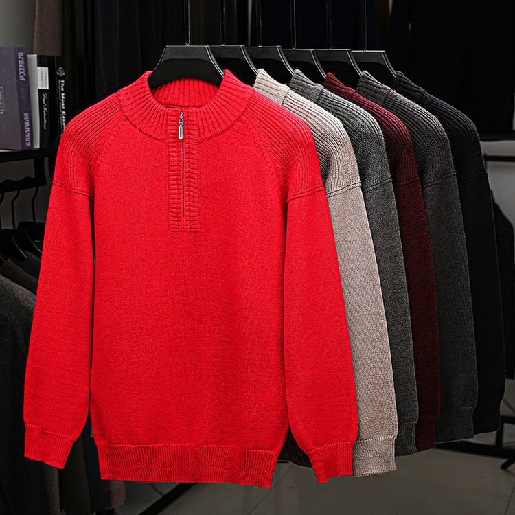 Otoño y invierno nueva temporada de cremallera de cuello alto hombre grueso de mediana edad jersey de punto delgado color sólido simple jersey de punto
