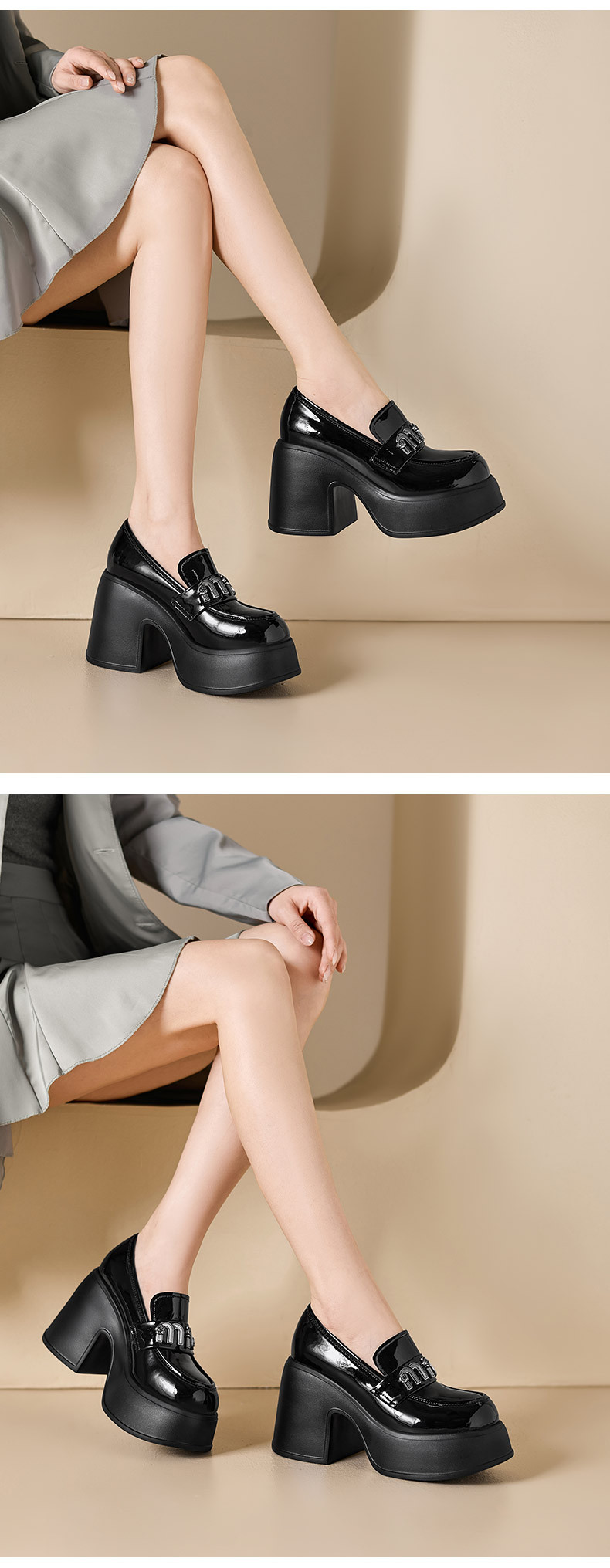 Giày loafer nữ cao gót đế xuồng phong cách Anh quốc, mũi nhọn, chất liệu sơn bóng, gót 6 cm — màu đen, màu trắng ngà chi tiết 8
