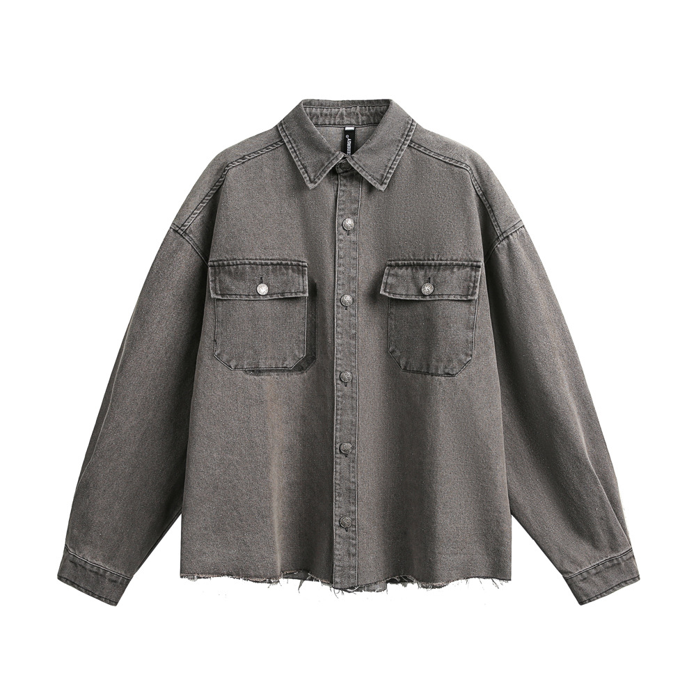 Giacca da uomo in denim lavato, sbiadito, stile punk, stile street, primavera/autunno, sfilacciata, ampia e con colletto rovesciato_voghion.com