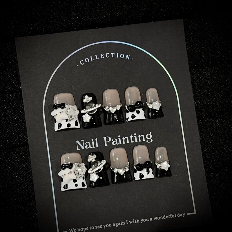 Purely Handmade High-End Black and White Duckbill Nail Tips with European and American Style Rhinestone Bow Fake Nail Stickers Wholesale