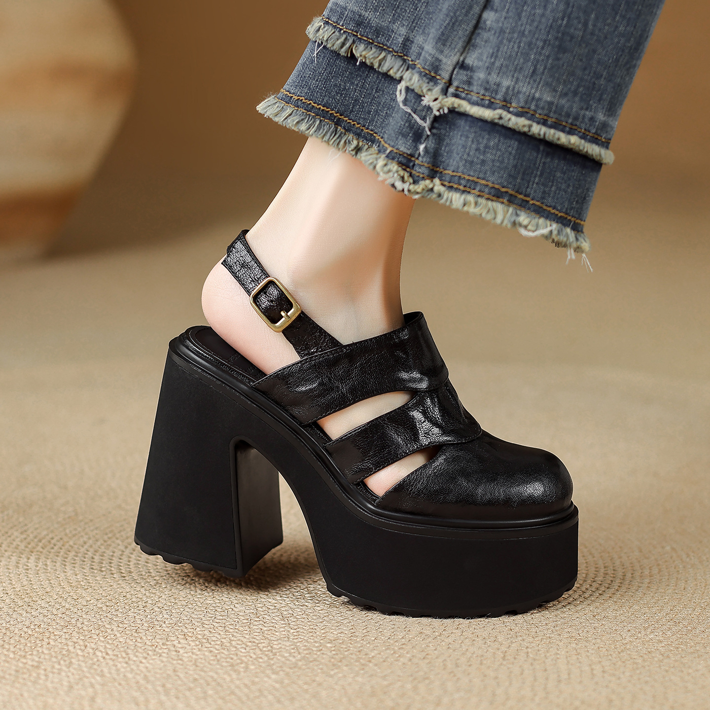 Sandal cao gót nữ đế dày quai ngang bọc da, gót 9 cm — màu nâu, màu đen