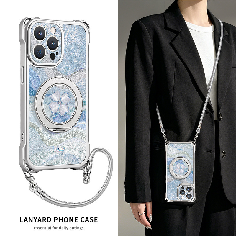 Four-Leaf Clover Suitable for Apple 17Pm Phone Case iPhone 15 Four-Corner Lanyard 16 Rotating Stand 14 Lambskin for Women Four-Leaf Clover Suitable for Apple 17Pm Phone Case iPhone 15 Four-Corner Lanyard 16 Rotating Stand 14 Lambskin for Women