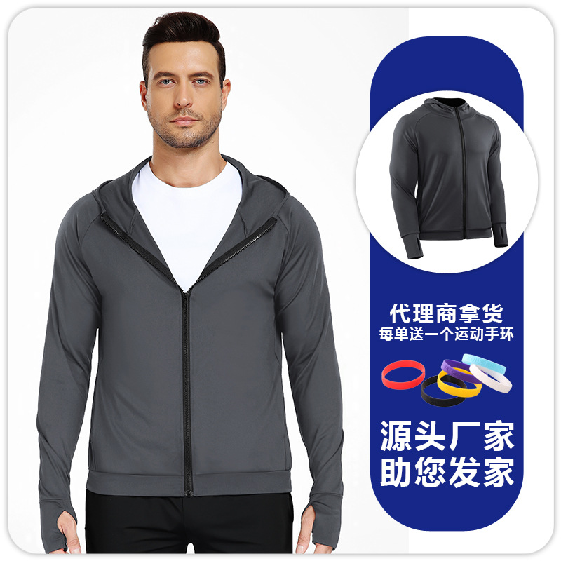 Camiseta con cremallera encapuchada de hombre con agujeros de pulgar, doble bolsillo para montar, entrenar, correr, chaqueta de fitness image 7